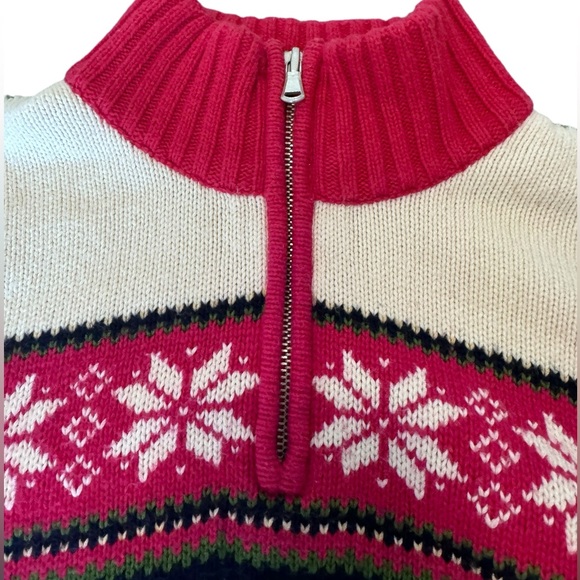 Vtg Lands End Nordic Fair Isle Red Snowflake Quarter Zip Sweater Cotton & Wool - Picture 3 of 10